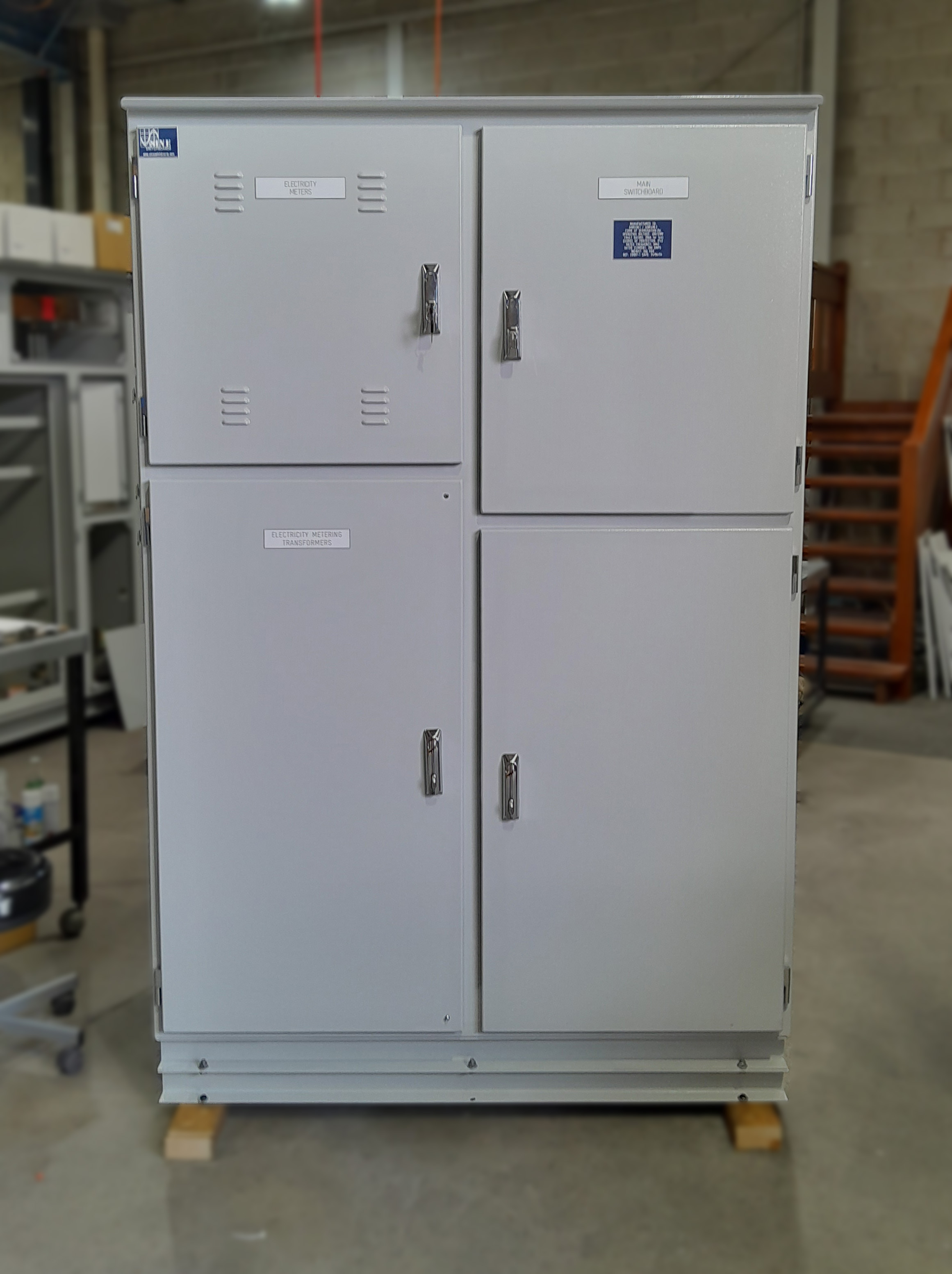 Compact electrical switchboard ready for delivery to a job site